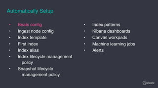 • Beats config
• Ingest node config
• Index template
• First index
• Index alias
• Index lifecycle management
policy
• Snapshot lifecycle
management policy
• Index patterns
• Kibana dashboards
• Canvas workpads
• Machine learning jobs
• Alerts
Automatically Setup
 