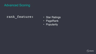 rank_feature:
Advanced Scoring
• Star Ratings
• PageRank
• Popularity
 