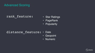 distance_feature:
rank_feature:
Advanced Scoring
• Date
• Geopoint
• Numeric
• Star Ratings
• PageRank
• Popularity
 