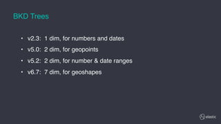 • v2.3: 1 dim, for numbers and dates
• v5.0: 2 dim, for geopoints
• v5.2: 2 dim, for number & date ranges
• v6.7: 7 dim, for geoshapes
BKD Trees
 