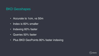 • Accurate to 1cm, vs 50m
• Index is 60% smaller
• Indexing 60% faster
• Queries 50% faster
• Plus BKD GeoPoints 80% faster indexing
BKD Geoshapes
 