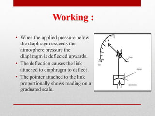 Working :
• When the applied pressure below
the diaphragm exceeds the
atmosphere pressure the
diaphragm is deflected upwards.
• The deflection causes the link
attached to diaphragm to deflect .
• The pointer attached to the link
proportionally shows reading on a
graduated scale.
 