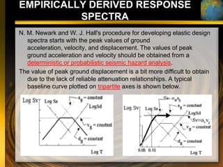 EMPIRICALLY DERIVED RESPONSE
          SPECTRA
N. M. Newark and W. J. Hall's procedure for developing elastic design
   spectra starts with the peak values of ground
   acceleration, velocity, and displacement. The values of peak
   ground acceleration and velocity should be obtained from a
   deterministic or probabilistic seismic hazard analysis.
The value of peak ground displacement is a bit more difficult to obtain
   due to the lack of reliable attenuation relationships. A typical
   baseline curve plotted on tripartite axes is shown below.
 