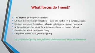 What forces do I need?
• This depends on the clinical situation:
• En-mass movement (non extraction) -– class 2 / 3 elastics = 5-6 ounces 142-170g
• En-mass movement (extraction) – class 2 / 3 elastics = 4-5 ounces / 113-142g
• Anterior elastics – box elastic for anterior openbite = 1-2 ounces / 28-57g
• Posterior box elastics = 6 ounces / 170g
• Early short elastics = 2-2.5 ounces / 57-71g
1/4” / 6.4mm and 3/16 / 4.8mm fulfil most clinical situations, except for box elastics
 