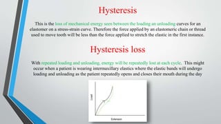 Hysteresis
This is the loss of mechanical energy seen between the loading an unloading curves for an
elastomer on a stress-strain curve. Therefore the force applied by an elastomeric chain or thread
used to move tooth will be less than the force applied to stretch the elastic in the first instance.
Hysteresis loss
With repeated loading and unloading, energy will be repeatedly lost at each cycle. This might
occur when a patient is wearing intermaxillary elastics where the elastic bands will undergo
loading and unloading as the patient repeatedly opens and closes their mouth during the day
 