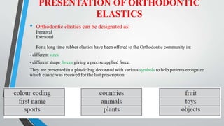 PRESENTATION OF ORTHODONTIC
ELASTICS
• Orthodontic elastics can be designated as:
Intraoral
Extraoral
For a long time rubber elastics have been offered to the Orthodontic community in:
- different sizes
- different shape forces giving a precise applied force.
They are presented in a plastic bag decorated with various symbols to help patients recognize
which elastic was received for the last prescription
 