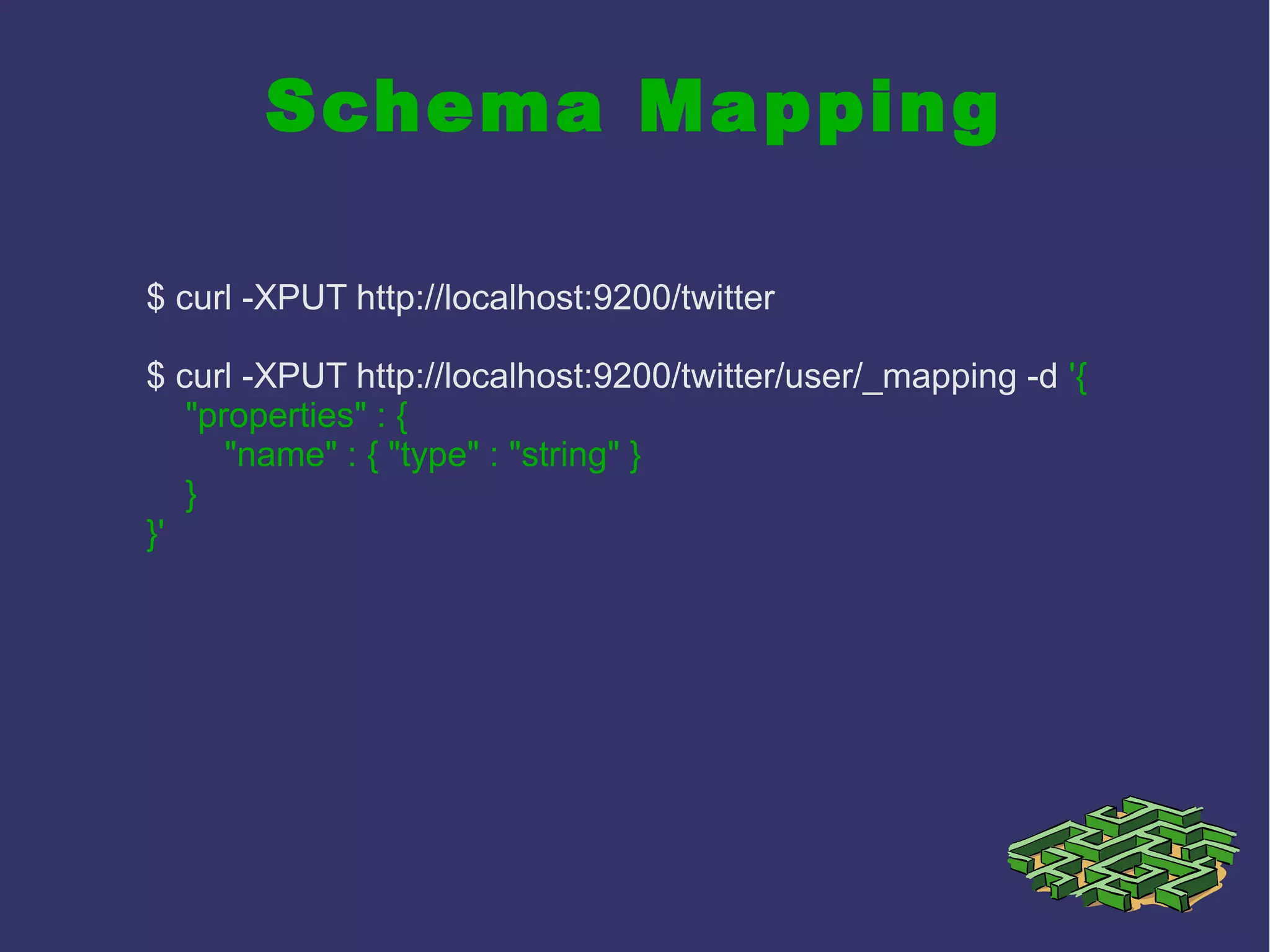 Schema Mapping
$ curl -XPUT http://localhost:9200/twitter
$ curl -XPUT http://localhost:9200/twitter/user/_mapping -d '{
"properties" : {
"name" : { "type" : "string" }
}
}'
 