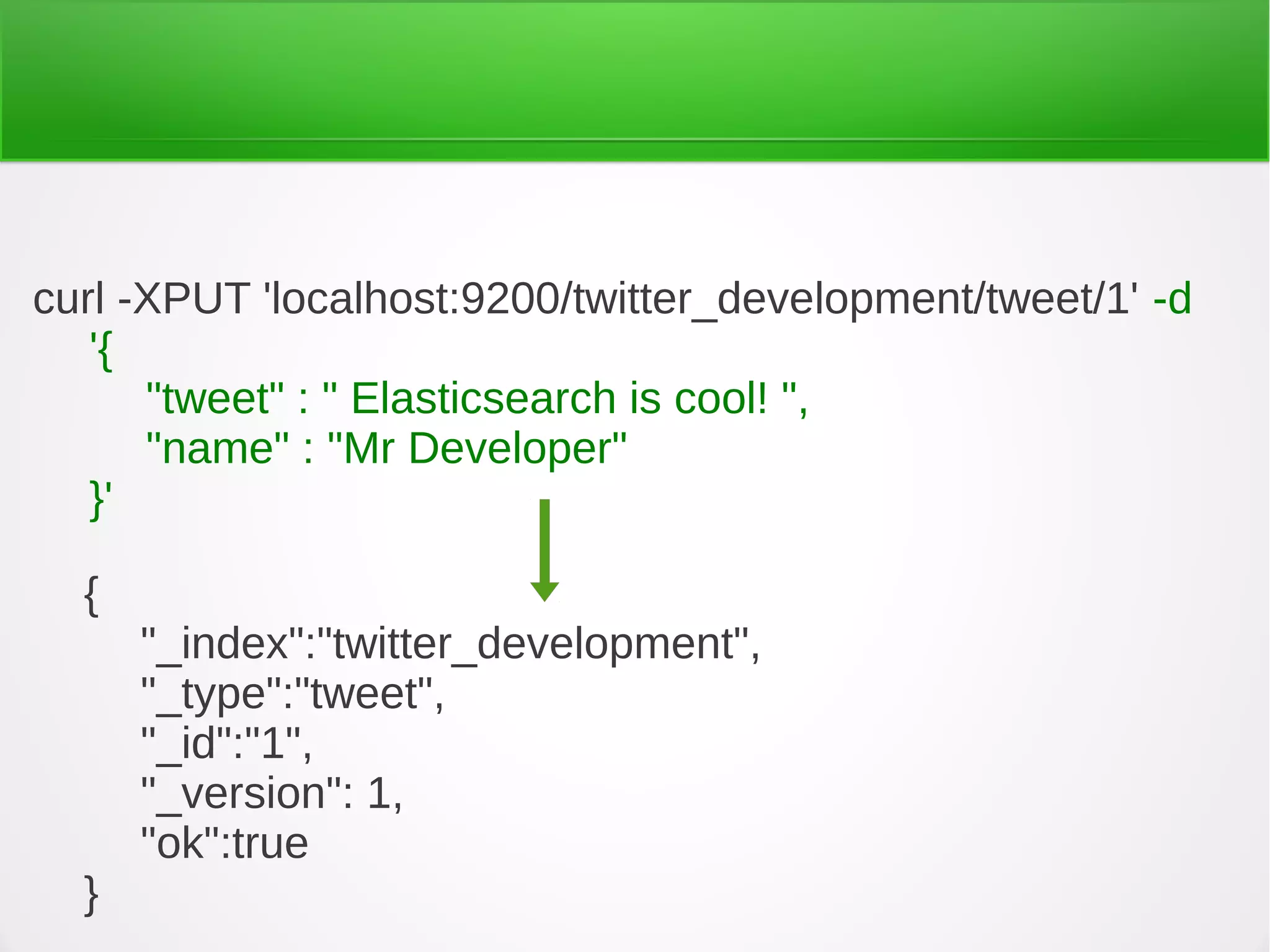 curl -XPUT 'localhost:9200/twitter_development/tweet/1' -d
'{
"tweet" : " Elasticsearch is cool! ",
"name" : "Mr Developer"
}'
{
"_index":"twitter_development",
"_type":"tweet",
"_id":"1",
"_version": 1,
"ok":true
}
 