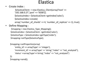 • Create Index :

Elastica

$elasticaClient- = new Elastica_Client(array('host' =>
'192.168.0.27','port' => '9200'));
$elasticaIndex = $elasticaClient->getIndex(‘sales');
$elasticaIndex->create(
array( 'number_of_shards' => 4, 'number_of_replicas' => 1), true);

• Define Mapping :
$mapping = new Elastica_Type_Mapping();
$elasticaIndex = $elasticaClient- >getIndex('sales');
$elasticaType = $elasticaIndex->getType('order');
$mapping->setType($elasticaType);
$mapping->setProperties(array(
'entity_id' => array('type' => 'integer'),
'increment_id' => array('type' => 'string',"index" => "not_analyzed"),
‘status' =>array('type'=>'string',"index" => "not_analyzed")
));
$mapping->send();

 