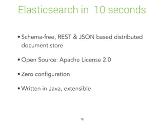 Elasticsearch in 10 seconds
• Schema-free, REST & JSON based distributed
document store
• Open Source: Apache License 2.0
• Zero configuration
• Written in Java, extensible
16
 