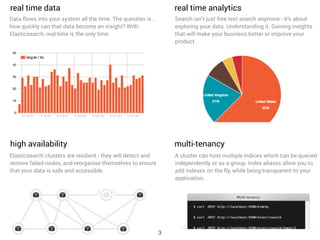 A cluster can host multiple indices which can be queried
independently or as a group. Index aliases allow you to
add indexes on the fly, while being transparent to your
application.
multi-tenancy
Elasticsearch clusters are resilient - they will detect and
remove failed nodes, and reorganise themselves to ensure
that your data is safe and accessible.
high availability
real time data
Data flows into your system all the time. The question is …
how quickly can that data become an insight? With
Elasticsearch, real-time is the only time.
Search isn’t just free text search anymore - it’s about
exploring your data. Understanding it. Gaining insights
that will make your business better or improve your
product.
real time analytics
3
 