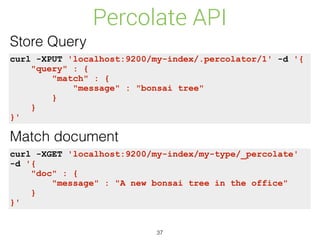 Percolate API
37
curl -XPUT 'localhost:9200/my-index/.percolator/1' -d '{
"query" : {
"match" : {
"message" : "bonsai tree"
}
}
}'
Store Query
Match document
curl -XGET 'localhost:9200/my-index/my-type/_percolate'
-d '{
"doc" : {
"message" : "A new bonsai tree in the office"
}
}'
 