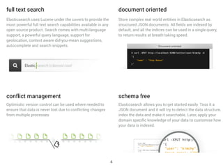 full text search
Elasticsearch uses Lucene under the covers to provide the
most powerful full text search capabilities available in any
open source product. Search comes with multi-language
support, a powerful query language, support for
geolocation, context aware did-you-mean suggestions,
autocomplete and search snippets.
document oriented
Store complex real world entities in Elasticsearch as
structured JSON documents. All ﬁelds are indexed by
default, and all the indices can be used in a single query,
to return results at breath taking speed.
conflict management
Optimistic version control can be used where needed to
ensure that data is never lost due to conflicting changes
from multiple processes
Elasticsearch allows you to get started easily. Toss it a
JSON document and it will try to detect the data structure,
index the data and make it searchable. Later, apply your
domain speciﬁc knowledge of your data to customise how
your data is indexed.
schema free
4
 