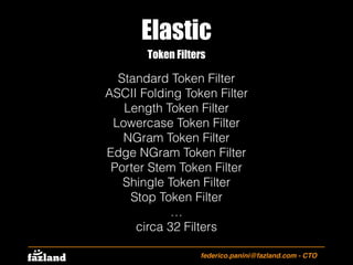 Elastic
federico.panini@fazland.com - CTO
Token Filters
Standard Token Filter
ASCII Folding Token Filter
Length Token Filt...