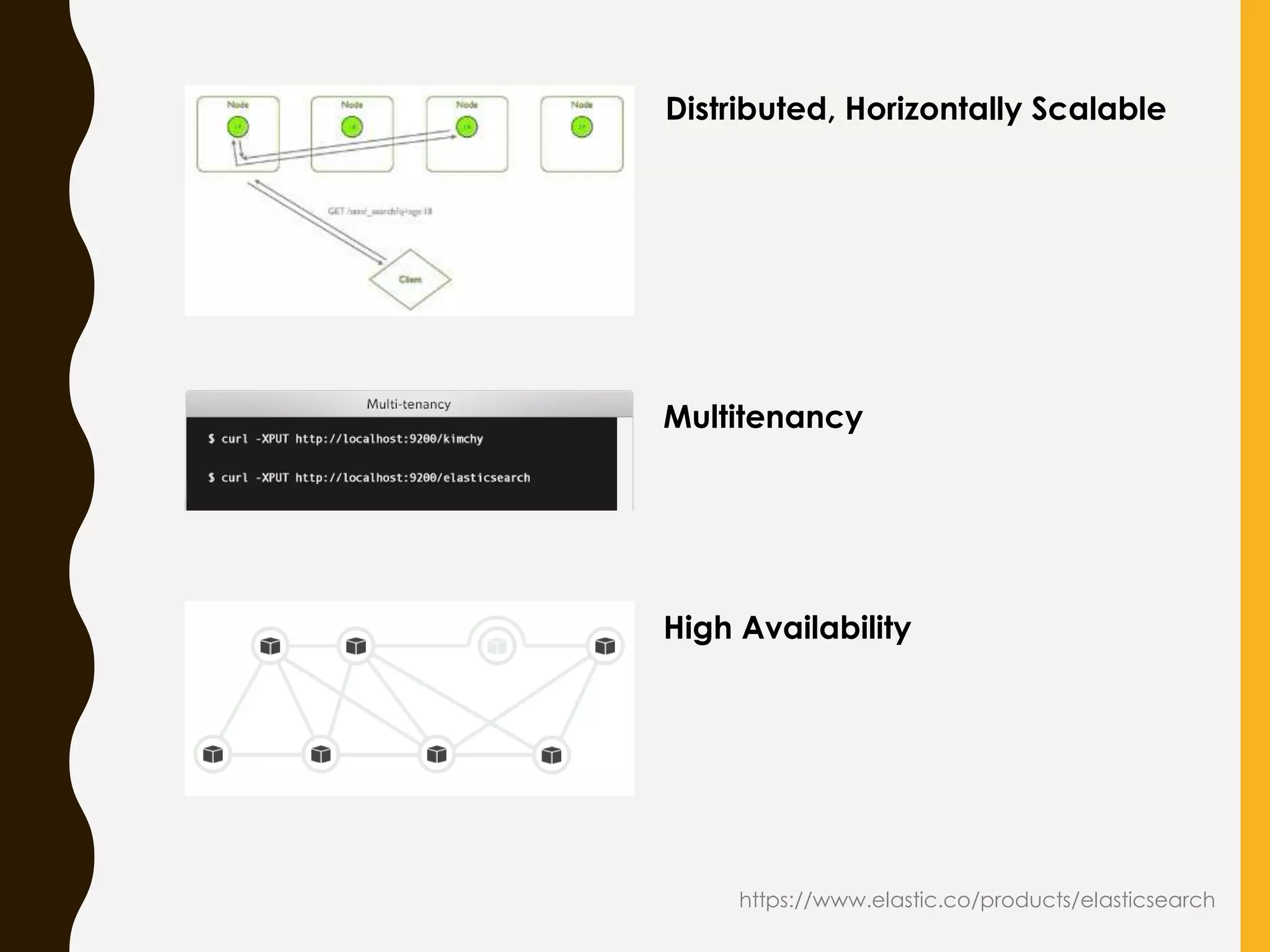 https://www.elastic.co/products/elasticsearch
High Availability
Multitenancy
Distributed, Horizontally Scalable
 