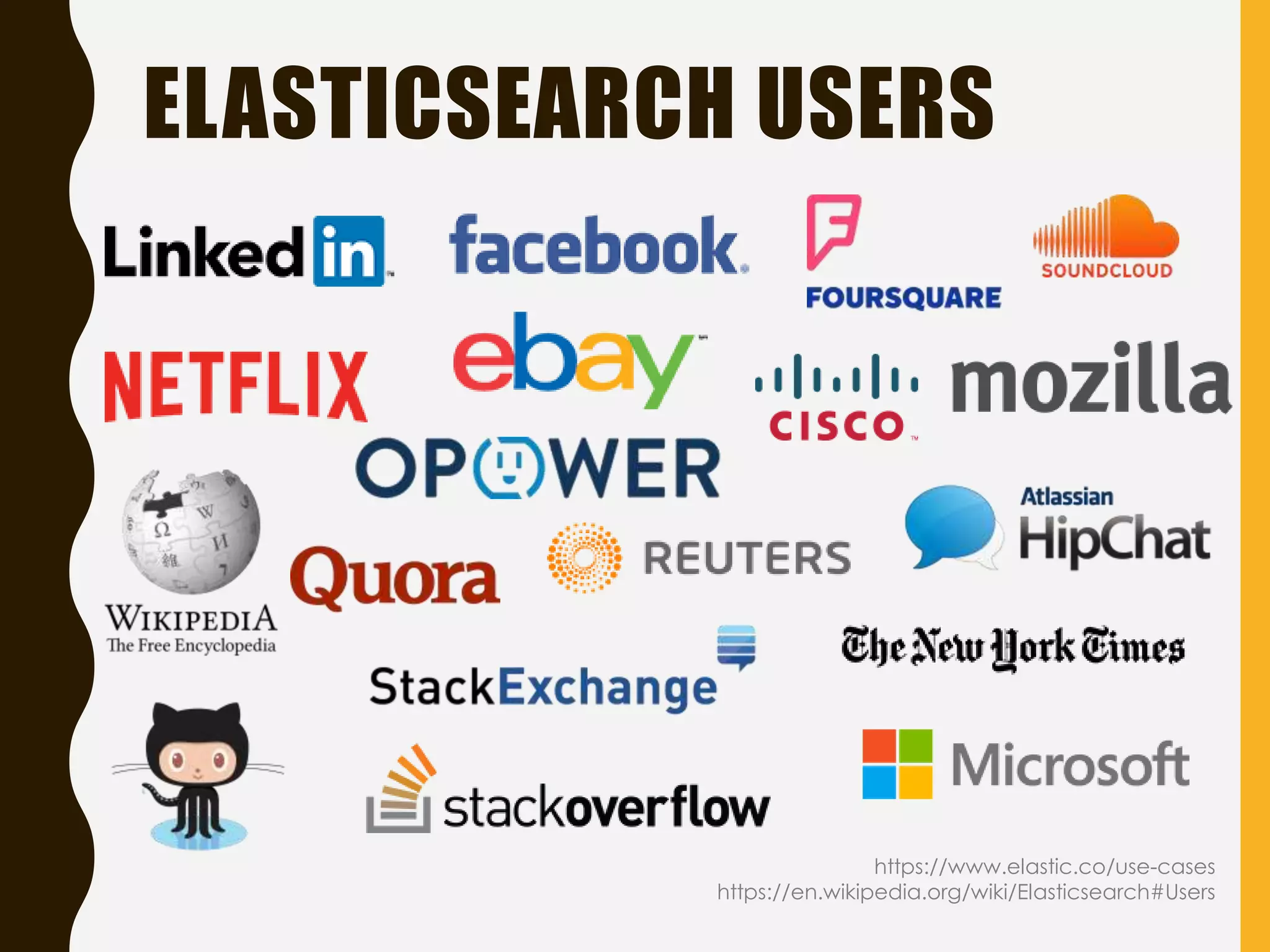 ELASTICSEARCH USERS
https://www.elastic.co/use-cases
https://en.wikipedia.org/wiki/Elasticsearch#Users
 