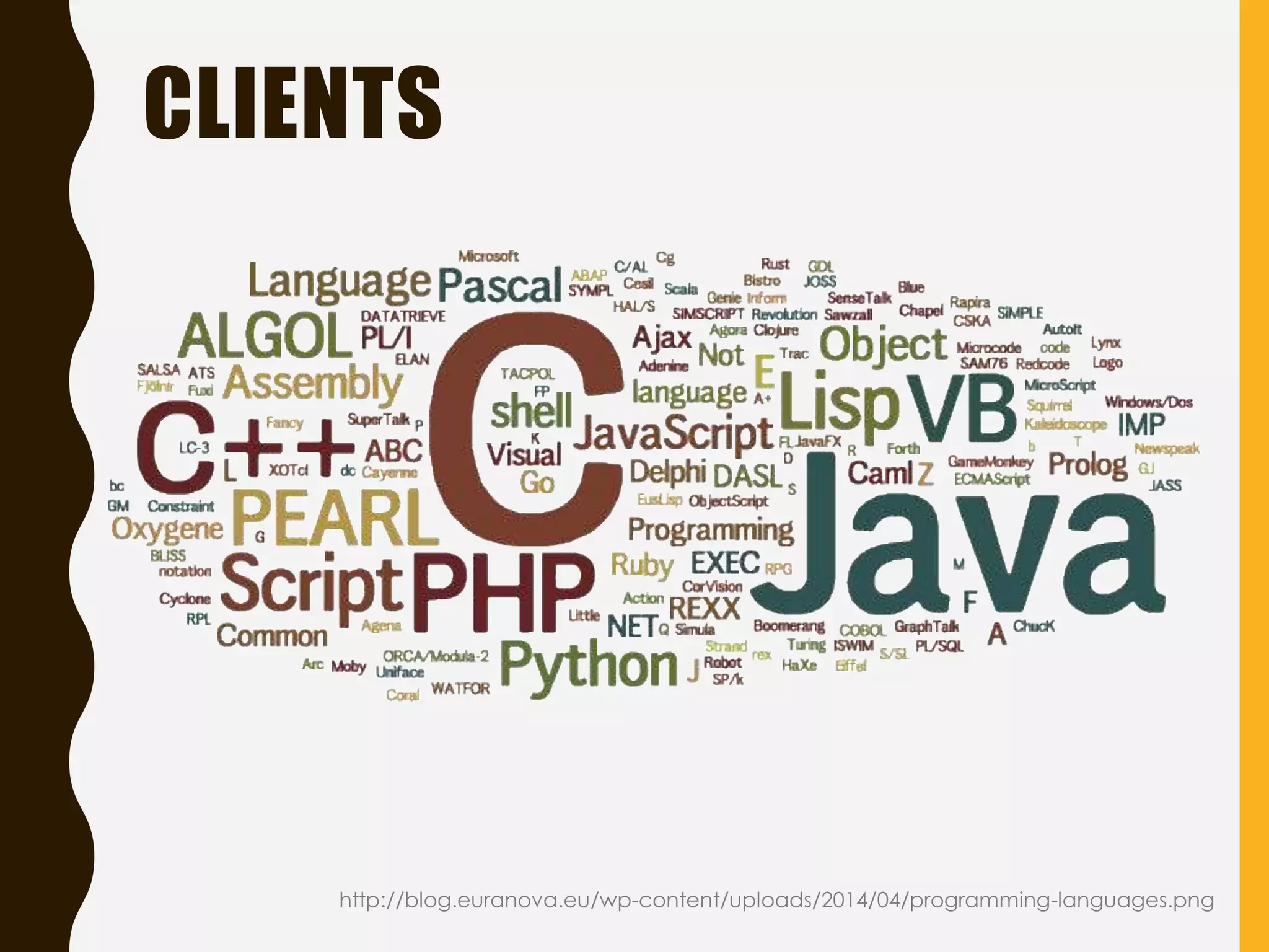 CLIENTS
http://blog.euranova.eu/wp-content/uploads/2014/04/programming-languages.png
 