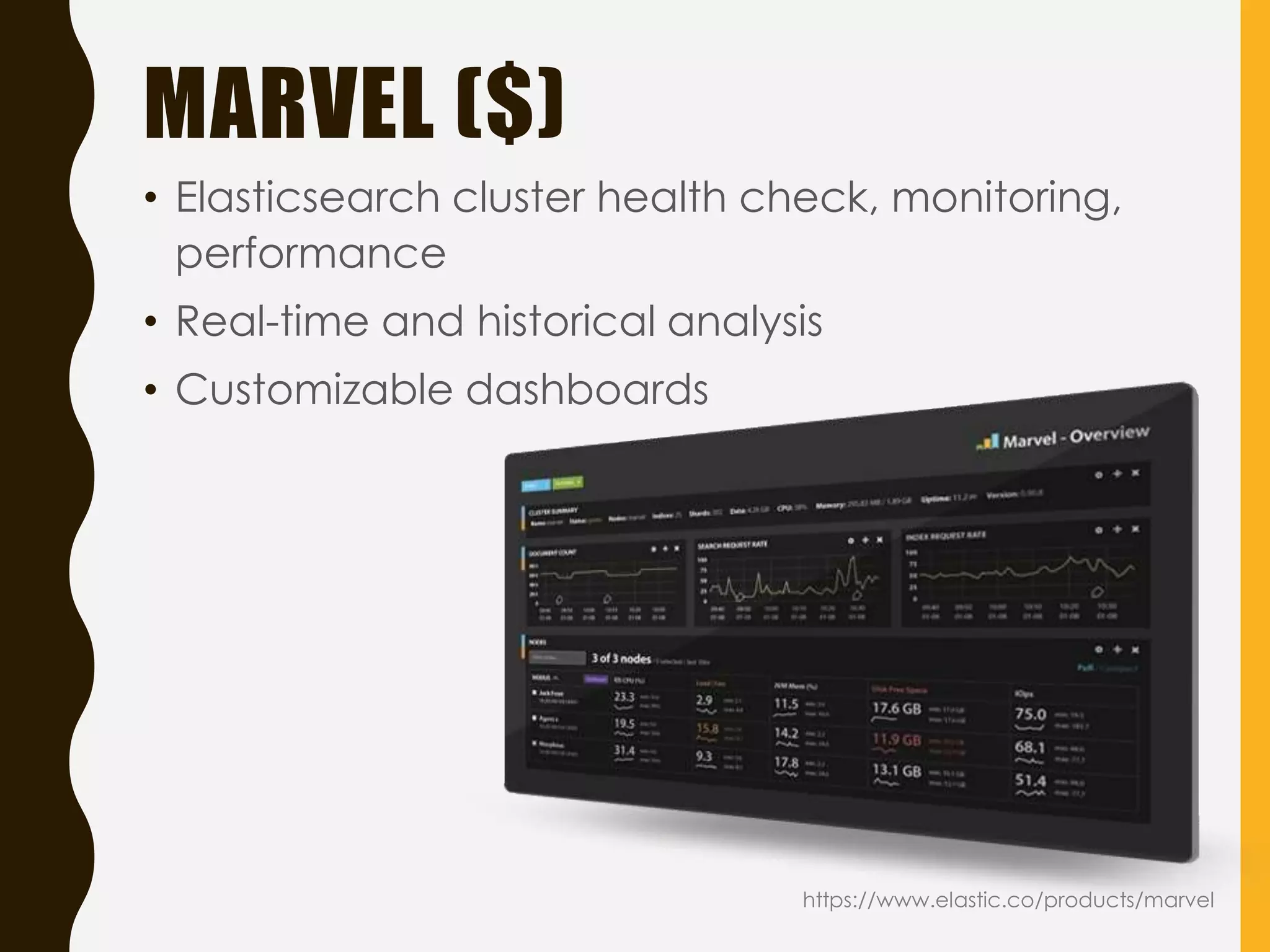 MARVEL ($)
• Elasticsearch cluster health check, monitoring,
performance
• Real-time and historical analysis
• Customizable dashboards
https://www.elastic.co/products/marvel
 