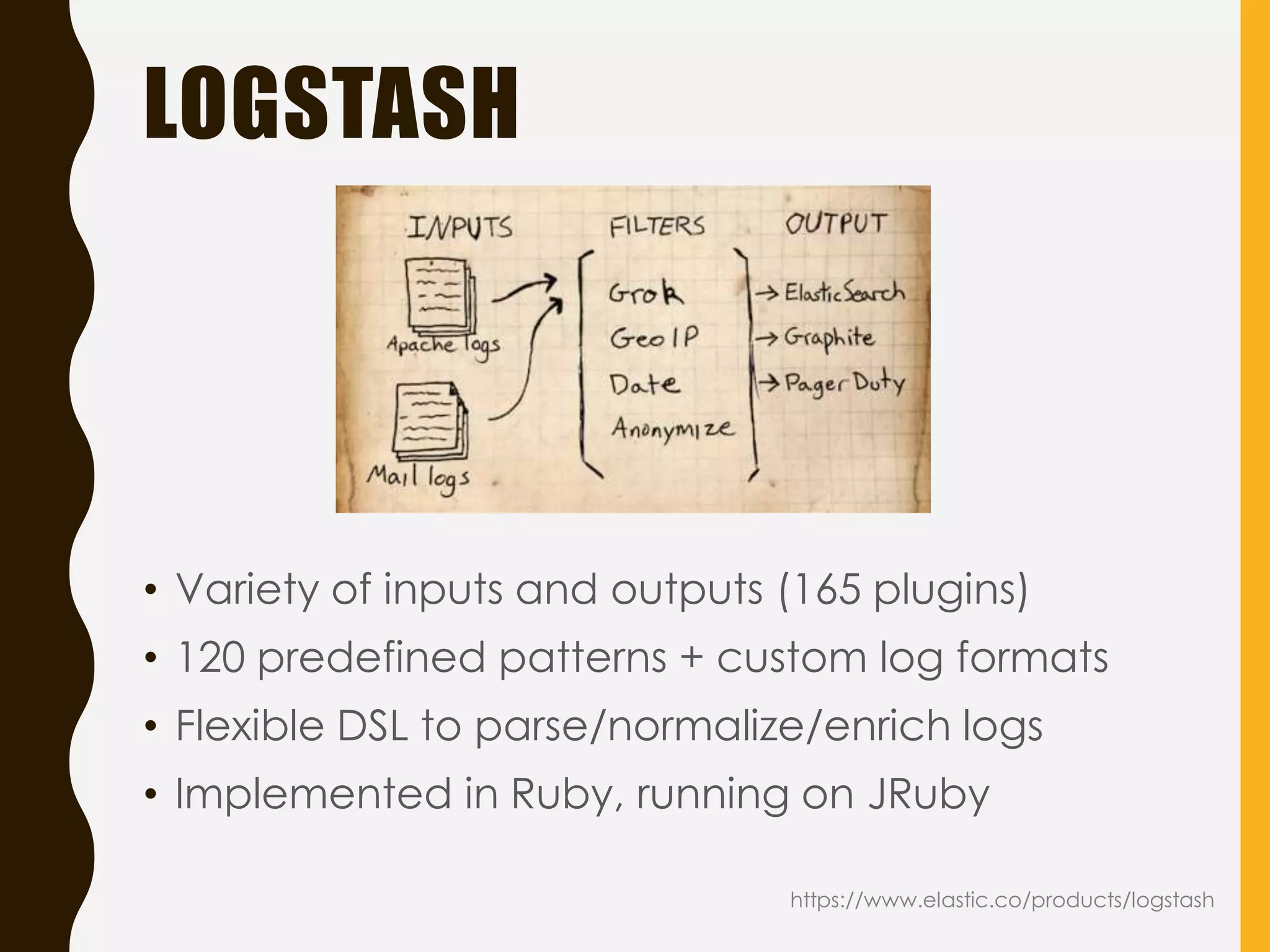 LOGSTASH
• Variety of inputs and outputs (165 plugins)
• 120 predefined patterns + custom log formats
• Flexible DSL to parse/normalize/enrich logs
• Implemented in Ruby, running on JRuby
https://www.elastic.co/products/logstash
 