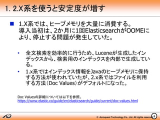 © Acroquest Technology Co., Ltd. All rights reserved.6
1. 2.X系を使うと安定度が増す
 1.X系では、ヒープメモリを大量に消費する。
導入当初は、2か月に1回ElasticsearchがOOMEに
より、停止する問題が発生していた。
• 全文検索を効率的に行うため、Luceneが生成したイン
デックスから、検索用のインデックスを内部で生成してい
る。
• 1.x系ではインデックス情報をJavaのヒープメモリに保持
する方法が使われていたが、2.x系ではファイルを利用
する方法（Doc Values）がデフォルトになった。
Doc Valuesの詳細については以下を参照。
https://www.elastic.co/guide/en/elasticsearch/guide/current/doc-values.html
 
