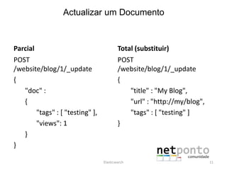 Parcial
POST
/website/blog/1/_update
{
"doc" :
{
"tags" : [ "testing" ],
"views": 1
}
}
Total (substituir)
POST
/website/blog/1/_update
{
"title" : "My Blog",
"url" : "http://my/blog",
"tags" : [ "testing" ]
}
Elasticsearch 11
Actualizar um Documento
 