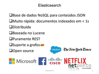 Elasticsearch
Base de dados NoSQL para conteúdos JSON
Muito rápida: documentos indexados em < 1s
Distribuída
Baseada no Lucene
Puramente REST
Suporte a grafos
Open source
Elasticsearch 2
 