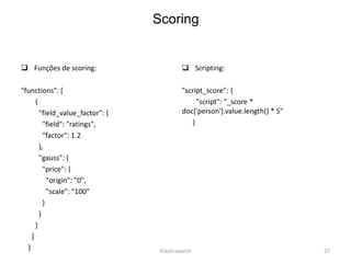  Funções de scoring:
"functions": [
{
"field_value_factor": {
"field": "ratings",
"factor": 1.2
},
"gauss": {
"price": {
"origin": "0",
"scale": "100"
}
}
}
]
}
 Scripting:
"script_score": {
"script": "_score *
doc['person'].value.length() * 5"
}
Elasticsearch 27
Scoring
 