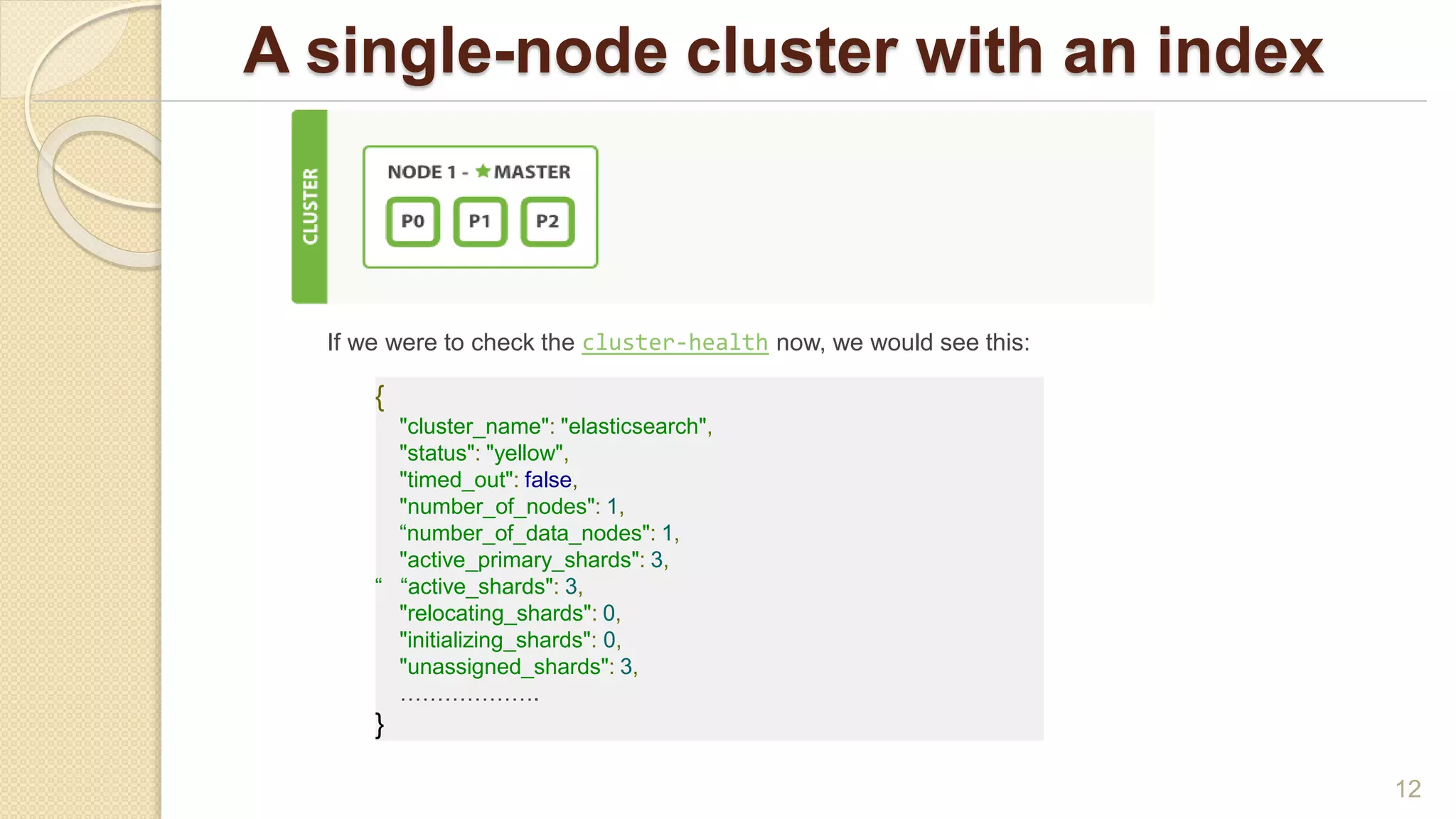 A single-node cluster with an index
12
If we were to check the cluster-health now, we would see this:
{
"cluster_name": "elasticsearch",
"status": "yellow",
"timed_out": false,
"number_of_nodes": 1,
“number_of_data_nodes": 1,
"active_primary_shards": 3,
“ “active_shards": 3,
"relocating_shards": 0,
"initializing_shards": 0,
"unassigned_shards": 3,
……………….
}
 
