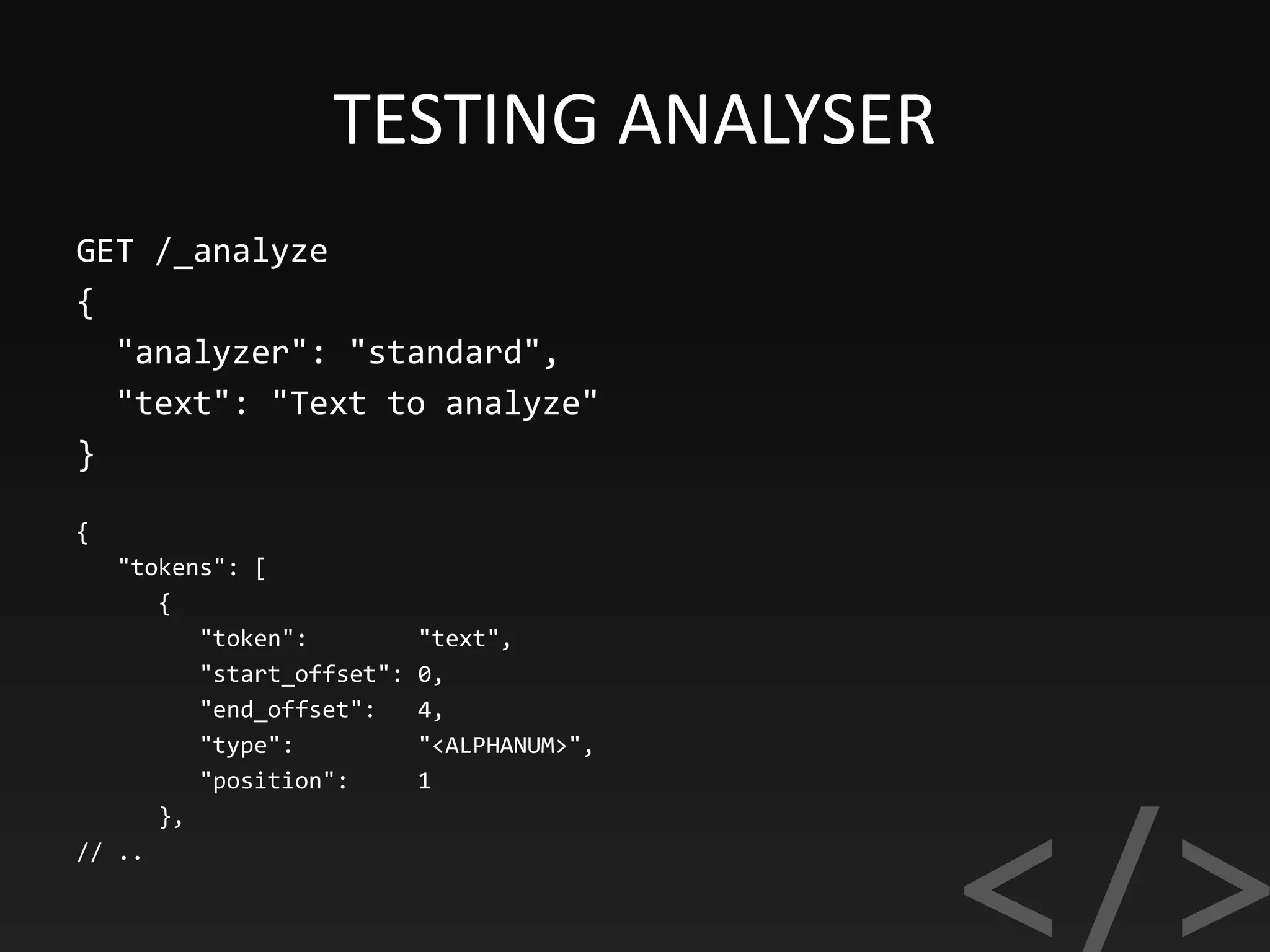 TESTING ANALYSER
GET /_analyze
{
"analyzer": "standard",
"text": "Text to analyze"
}
{
"tokens": [
{
"token": "text",
"start_offset": 0,
"end_offset": 4,
"type": "<ALPHANUM>",
"position": 1
},
// ..
 
