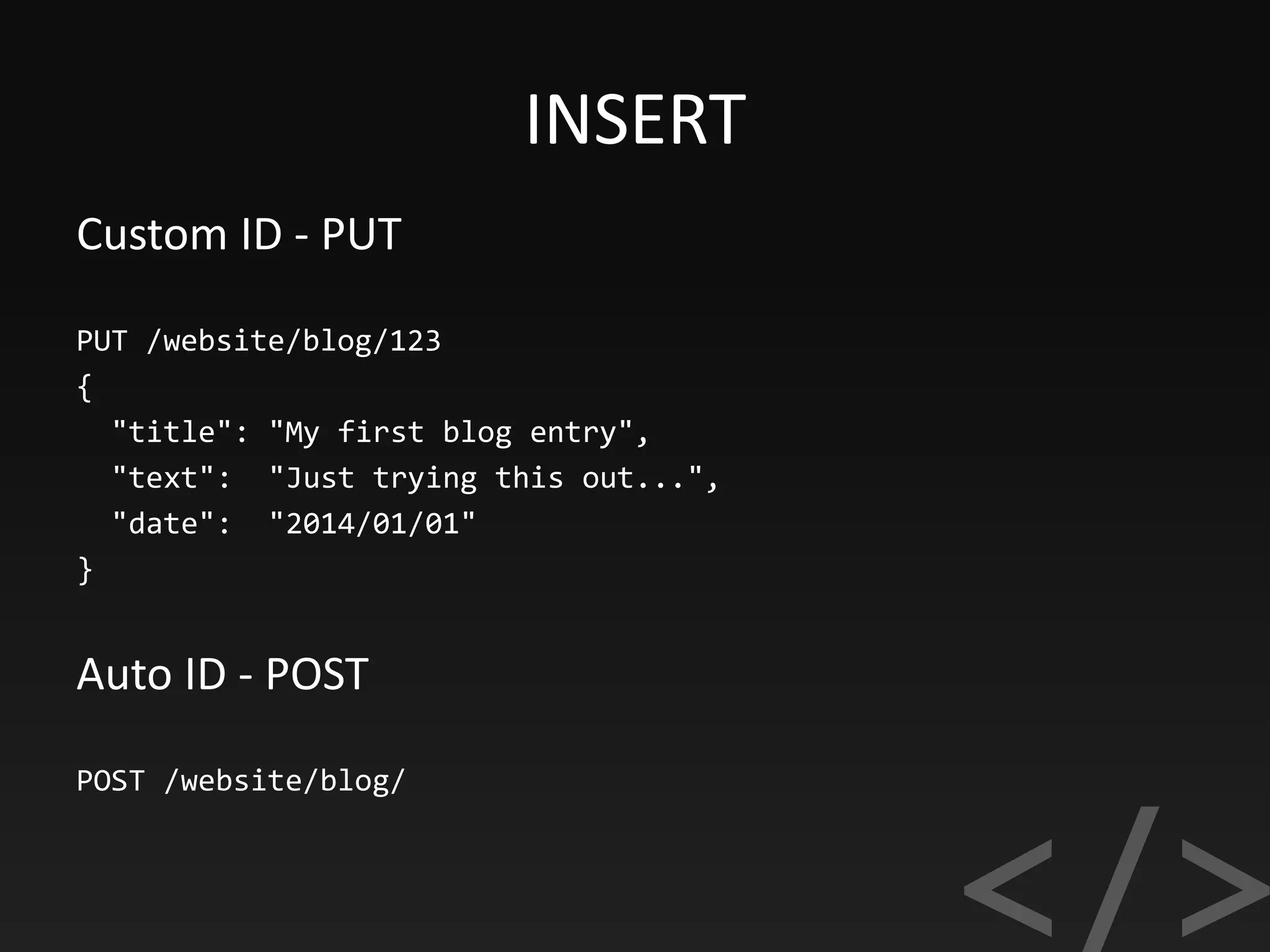 INSERT
PUT /website/blog/123
{
"title": "My first blog entry",
"text": "Just trying this out...",
"date": "2014/01/01"
}
Custom ID - PUT
POST /website/blog/
Auto ID - POST
 
