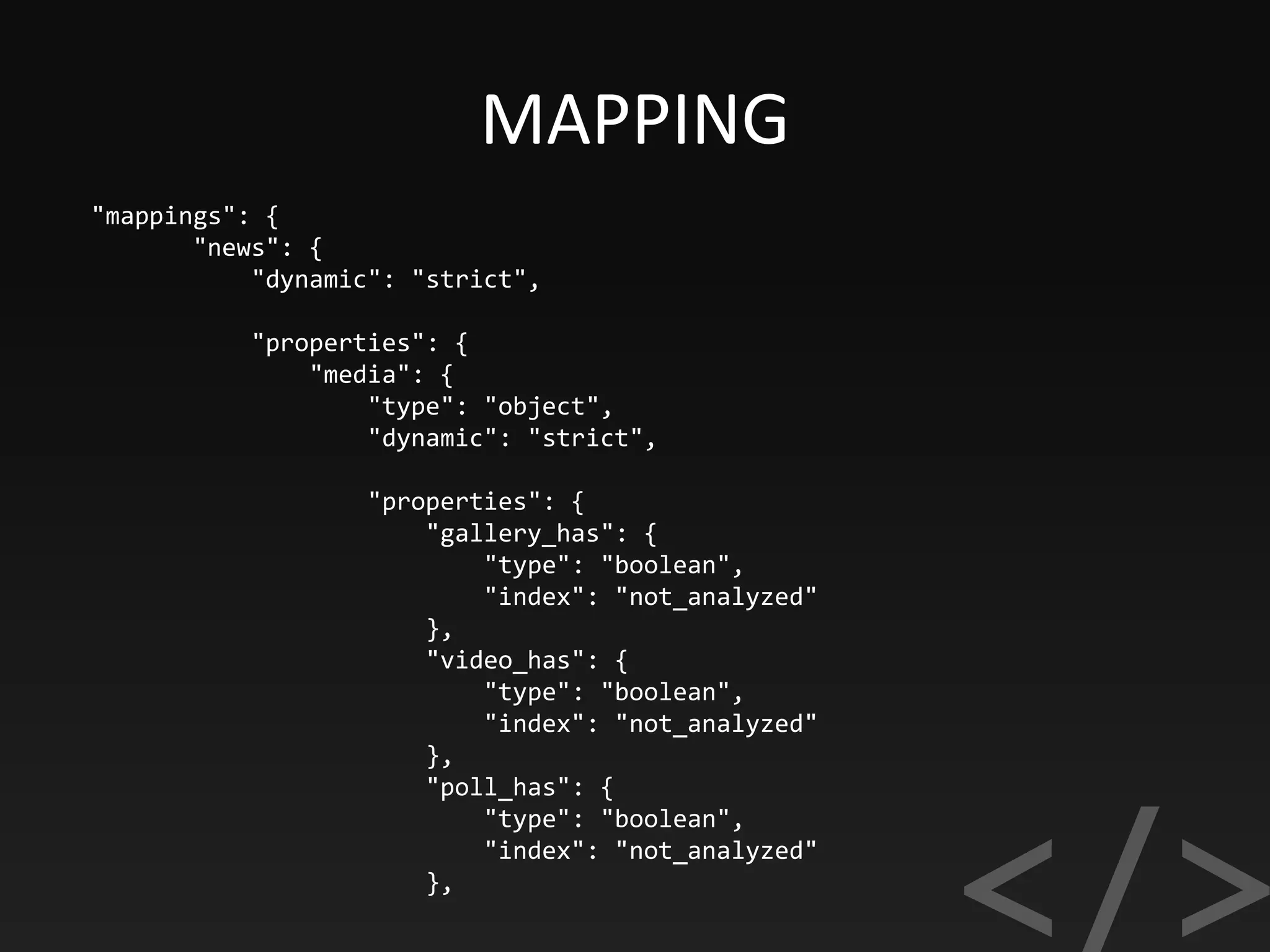 MAPPING
"mappings": {
"news": {
"dynamic": "strict",
"properties": {
"media": {
"type": "object",
"dynamic": "strict",
"properties": {
"gallery_has": {
"type": "boolean",
"index": "not_analyzed"
},
"video_has": {
"type": "boolean",
"index": "not_analyzed"
},
"poll_has": {
"type": "boolean",
"index": "not_analyzed"
},
 
