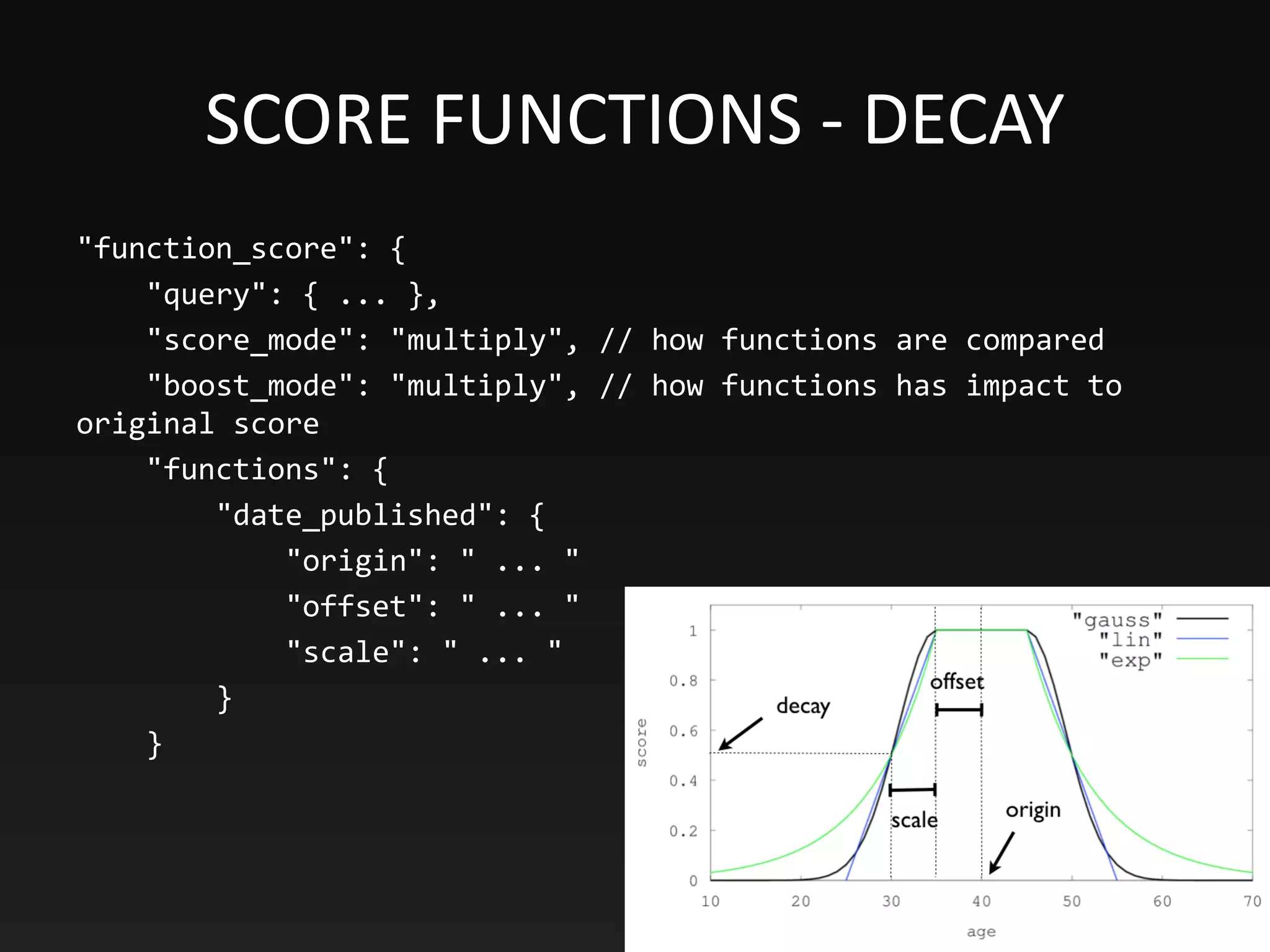 SCORE FUNCTIONS - DECAY
"function_score": {
"query": { ... },
"score_mode": "multiply", // how functions are compared
"boost_mode": "multiply", // how functions has impact to
original score
"functions": {
"date_published": {
"origin": " ... "
"offset": " ... "
"scale": " ... "
}
}
 