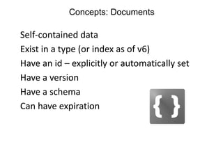 Concepts: Documents
Self-contained data
Exist in a type (or index as of v6)
Have an id – explicitly or automatically set
H...