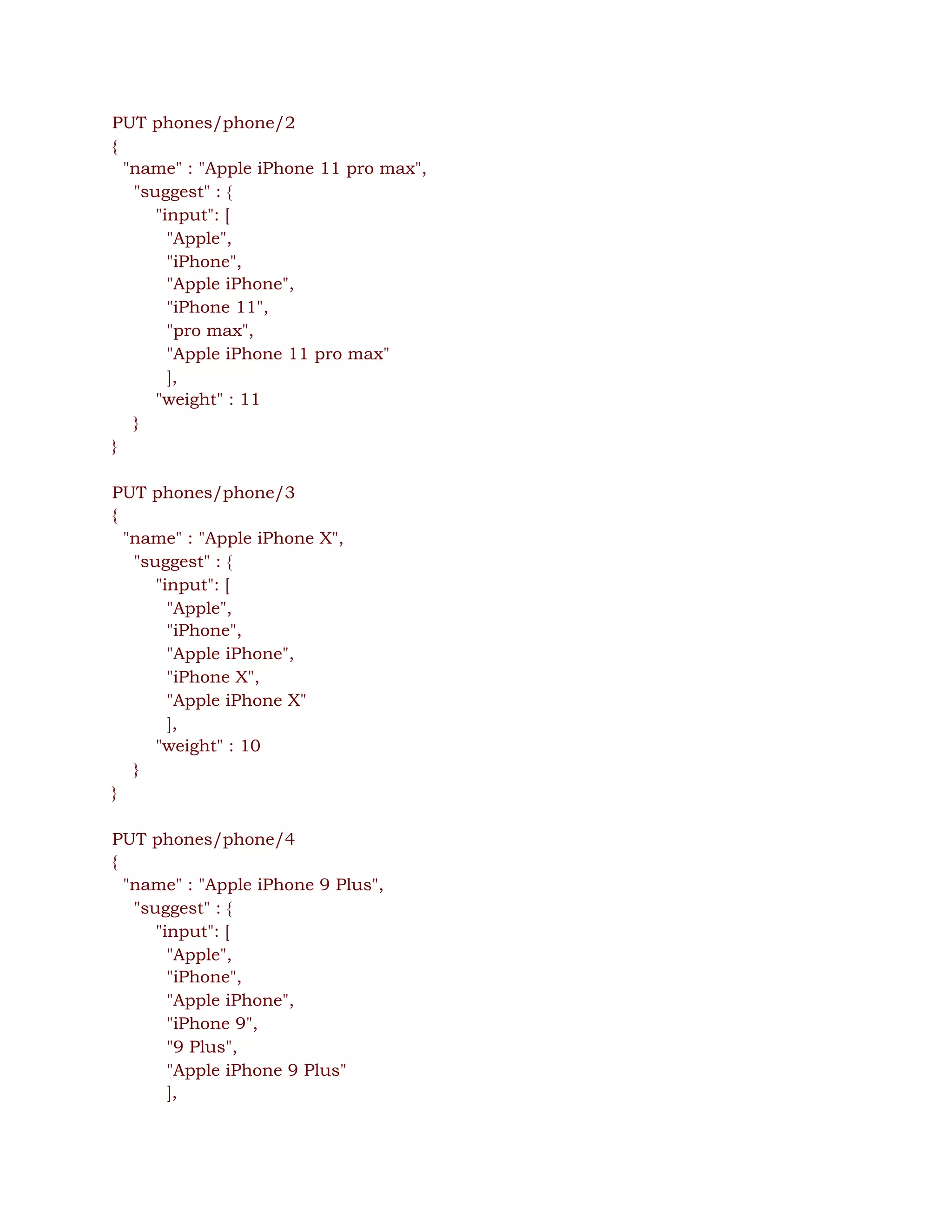 PUT phones/phone/2 
{ 
"name" : "Apple iPhone 11 pro max", 
"suggest" : { 
"input": [  
"Apple",  
"iPhone",  
"Apple iPhone", 
"iPhone 11", 
"pro max", 
"Apple iPhone 11 pro max" 
], 
"weight" : 11 
} 
} 
 
PUT phones/phone/3 
{ 
"name" : "Apple iPhone X", 
"suggest" : { 
"input": [  
"Apple",  
"iPhone",  
"Apple iPhone", 
"iPhone X", 
"Apple iPhone X" 
], 
"weight" : 10 
} 
} 
 
PUT phones/phone/4 
{ 
"name" : "Apple iPhone 9 Plus", 
"suggest" : { 
"input": [  
"Apple",  
"iPhone",  
"Apple iPhone", 
"iPhone 9", 
"9 Plus", 
"Apple iPhone 9 Plus" 
], 
 