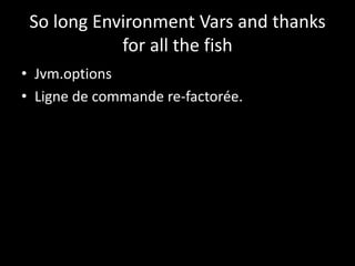 So long Environment Vars and thanks
for all the fish
• Jvm.options
• Ligne de commande re-factorée.
 