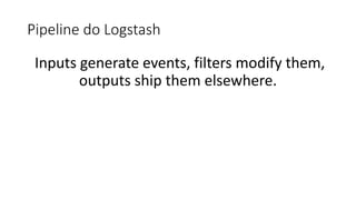 Pipeline do Logstash
Inputs generate events, filters modify them,
outputs ship them elsewhere.
 
