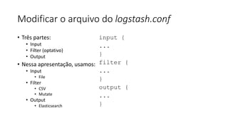 Modificar o arquivo do logstash.conf
• Três partes:
• Input
• Filter (optativo)
• Output
• Nessa apresentação, usamos:
• Input
• File
• Filter
• CSV
• Mutate
• Output
• Elasticsearch
input {
...
}
filter {
...
}
output {
...
}
 