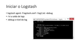 Iniciar o Logstash
• logstash agent -f logstash.conf -l log1.txt –debug
• -l é a saída de logs
• -debug o nível do log
 