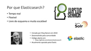 Por que Elasticsearch?
• Tempo real
• Flexível
• Livre de esquema e muito escalável
• Iniciado por Shay Banon em 2010
• Desenvolvido pela comunidade
• Código aberto em:
• https://github.com/elastic/elasticsearch
• Atualmente apoiado pela Elastic
 