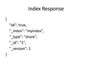 Index Response
{
    "ok": true,
    "_index": "myindex",
    "_type": "share",
    "_id": "1",
    "_version": 1
}
 