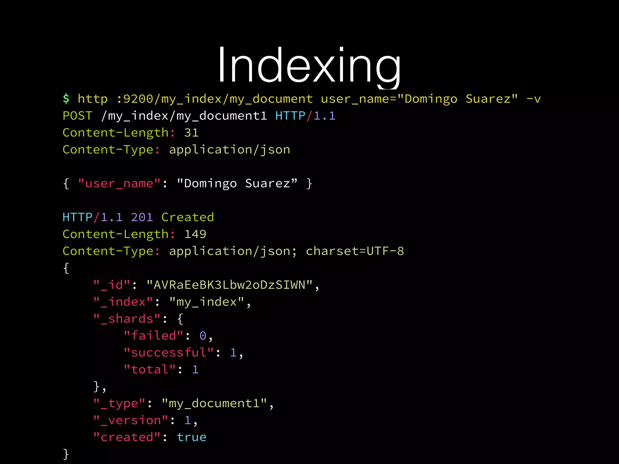 Indexing$ http :9200/my_index/my_document user_name="Domingo Suarez" -v
POST /my_index/my_document1 HTTP/1.1
Content-Length: 31
Content-Type: application/json
{ "user_name": "Domingo Suarez” }
HTTP/1.1 201 Created
Content-Length: 149
Content-Type: application/json; charset=UTF-8
{
"_id": "AVRaEeBK3Lbw2oDzSIWN",
"_index": "my_index",
"_shards": {
"failed": 0,
"successful": 1,
"total": 1
},
"_type": "my_document1",
"_version": 1,
"created": true
}
 