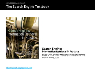 HOW DOES SEARCH WORK?

The Search Engine Textbook




                                 Search Engines
                                 Information Retrieval in Practice
                                 Bruce Croft, Donald Metzler and Trevor Strohma
                                 Addison Wesley, 2009




http://search-engines-book.com
 