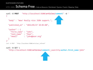 ELASTICSEARCH FEATURES

HTTP / JSON /   Schema Free / Index as Resource / Distributed / Queries / Facets / Mapping / Ruby
curl  -­‐X  POST      "http://localhost:9200/articles/comment"  -­‐d  '
{
    
    "body"  :  "Wow!  Really  nice  JSON  support.",

    "published_on"  :  "2011/05/27  10:05:00",

    "author"  :  {
        "first_name"  :  "John",
        "last_name"    :  "Pear",
        "email"            :  "john@pear.org"
    }
}'
curl  -­‐X  POST      "http://localhost:9200/articles/_refresh"


curl  -­‐X  GET  
    "http://localhost:9200/articles/comment/_search?q=author.first_name:john"
 
