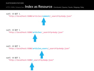 ELASTICSEARCH FEATURES

HTTP / JSON / Schema Free /   Index as Resource / Distributed / Queries / Facets / Mapping / Ruby
curl  -­‐X  GET  
    "http://localhost:9200/articles/comment/_search?q=body:json"




curl  -­‐X  GET  
    "http://localhost:9200/articles/_search?q=body:json"




curl  -­‐X  GET  
    "http://localhost:9200/articles,users/_search?q=body:json"



curl  -­‐X  GET  
    "http://localhost:9200/_search?q=body:json"
 