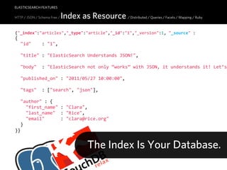 ELASTICSEARCH FEATURES

HTTP / JSON / Schema Free /   Index as Resource / Distributed / Queries / Facets / Mapping / Ruby
{"_index":"articles","_type":"article","_id":"1","_version":1,  "_source"  :  
{
    "id"        :  "1",

    "title"  :  "ElasticSearch  Understands  JSON!",

    "body"    :  "ElasticSearch  not  only  “works”  with  JSON,  it  understands  it!  Let’s  

    "published_on"  :  "2011/05/27  10:00:00",
    
    "tags"    :  ["search",  "json"],

    "author"  :  {
        "first_name"  :  "Clara",
        "last_name"    :  "Rice",
        "email"            :  "clara@rice.org"
    }
}}


                                          The Index Is Your Database.
 