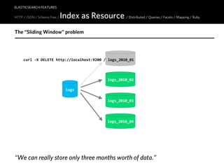 ELASTICSEARCH FEATURES

HTTP / JSON / Schema Free /   Index as Resource / Distributed / Queries / Facets / Mapping / Ruby
The “Sliding Window” problem




     curl  -­‐X  DELETE  http://localhost:9200  /  logs_2010_01




                                                    logs_2010_02

                                logs

                                                    logs_2010_03




                                                    logs_2010_04




“We can really store only three months worth of data.”
 