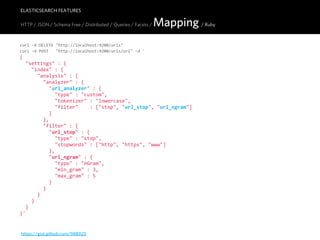 ELASTICSEARCH FEATURES

HTTP / JSON / Schema Free / Distributed / Queries / Facets /      Mapping / Ruby
curl  -­‐X  DELETE  "http://localhost:9200/urls"
curl  -­‐X  POST      "http://localhost:9200/urls/url"  -­‐d  '
{
    "settings"  :  {
        "index"  :  {
            "analysis"  :  {
                "analyzer"  :  {
                    "url_analyzer"  :  {
                        "type"  :  "custom",
                        "tokenizer"  :  "lowercase",
                        "filter"        :  ["stop",  "url_stop",  "url_ngram"]
                    }
                },
                "filter"  :  {
                    "url_stop"  :  {
                        "type"  :  "stop",
                        "stopwords"  :  ["http",  "https",  "www"]
                    },
                    "url_ngram"  :  {
                        "type"  :  "nGram",
                        "min_gram"  :  3,
                        "max_gram"  :  5
                    }
                }
            }
        }
    }
}'


https://gist.github.com/988923
 
