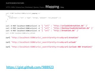 ELASTICSEARCH FEATURES

HTTP / JSON / Schema Free / Distributed / Queries / Facets /    Mapping / Ruby
curl  -­‐X  PUT  localhost:9200/urls/url/_mapping  -­‐d  '
{
    "url":  {
        "properties":  {  "url":  {  "type":  "string",  "analyzer":  "url_analyzer"  }  }
    }
}'


curl  -­‐X  POST  localhost:9200/urls/url  -­‐d  '{  "url"  :  "http://urlaubinkroatien.de"  }'
curl  -­‐X  POST  localhost:9200/urls/url  -­‐d  '{  "url"  :  "http://besteurlaubinkroatien.de"  }'
curl  -­‐X  POST  localhost:9200/urls/url  -­‐d  '{  "url"  :  "http://kroatien.de"  }'
curl  -­‐X  POST  localhost:9200/urls/_refresh


curl  "http://localhost:9200/urls/_search?pretty=true&q=url:kroatien"

curl  "http://localhost:9200/urls/_search?pretty=true&q=url:urlaub"

curl  "http://localhost:9200/urls/_search?pretty=true&q=url:(urlaub  AND  kroatien)"




https://gist.github.com/988923
 