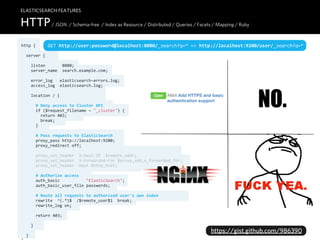 ELASTICSEARCH FEATURES

HTTP / JSON / Schema-free / Index as Resource / Distributed / Queries / Facets / Mapping / Ruby
http  {         GET  http://user:password@localhost:8080/_search?q=*  =>  http://localhost:9200/user/_search?q=*
    server  {

        listen              8080;
        server_name    search.example.com;

        error_log      elasticsearch-­‐errors.log;
        access_log    elasticsearch.log;

        location  /  {

            #  Deny  access  to  Cluster  API
            if  ($request_filename  ~  "_cluster")  {
                return  403;
                                                                          #664 Add HTTPS and basic
                                                                          authentication support
                                                                                                           NO.
                break;
            }

            #  Pass  requests  to  ElasticSearch
            proxy_pass  http://localhost:9200;
            proxy_redirect  off;
                    
            proxy_set_header    X-­‐Real-­‐IP    $remote_addr;
            proxy_set_header    X-­‐Forwarded-­‐For  $proxy_add_x_forwarded_for;
            proxy_set_header    Host  $http_host;

            #  Authorize  access
            auth_basic                      "ElasticSearch";
            auth_basic_user_file  passwords;

            #  Route  all  requests  to  authorized  user's  own  index
            rewrite    ^(.*)$    /$remote_user$1    break;
            rewrite_log  on;

            return  403;
        
        }
                                                                                            https://gist.github.com/986390
    }
 