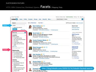 ELASTICSEARCH FEATURES

    HTTP / JSON / Schema Free / Distributed / Queries /   Facets / Mapping / Ruby



Query




Facets




                                                           http://blog.linkedin.com/2009/12/14/linkedin-faceted-search/
 